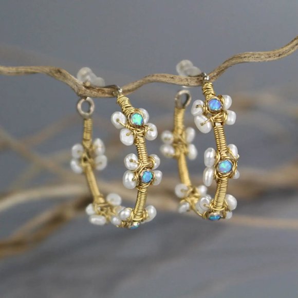 Handmade Flower Opal Pearl Hoop Earrings - Picture 1 of 5
